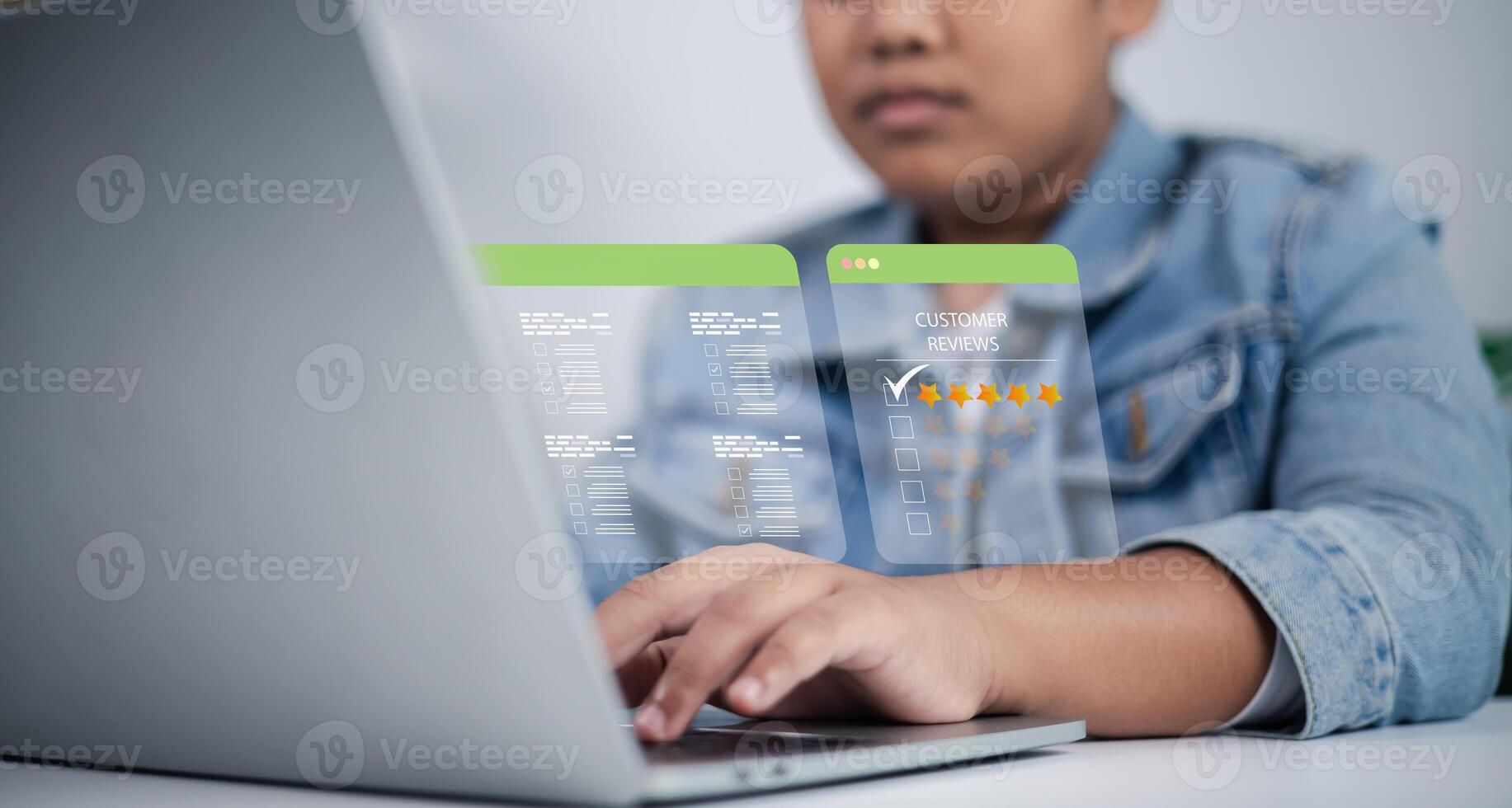 Online feedback, user experience, ecommerce reputation management, and digital business strategy. Close-up of young person using laptop with floating customer reviews window and checklist. photo