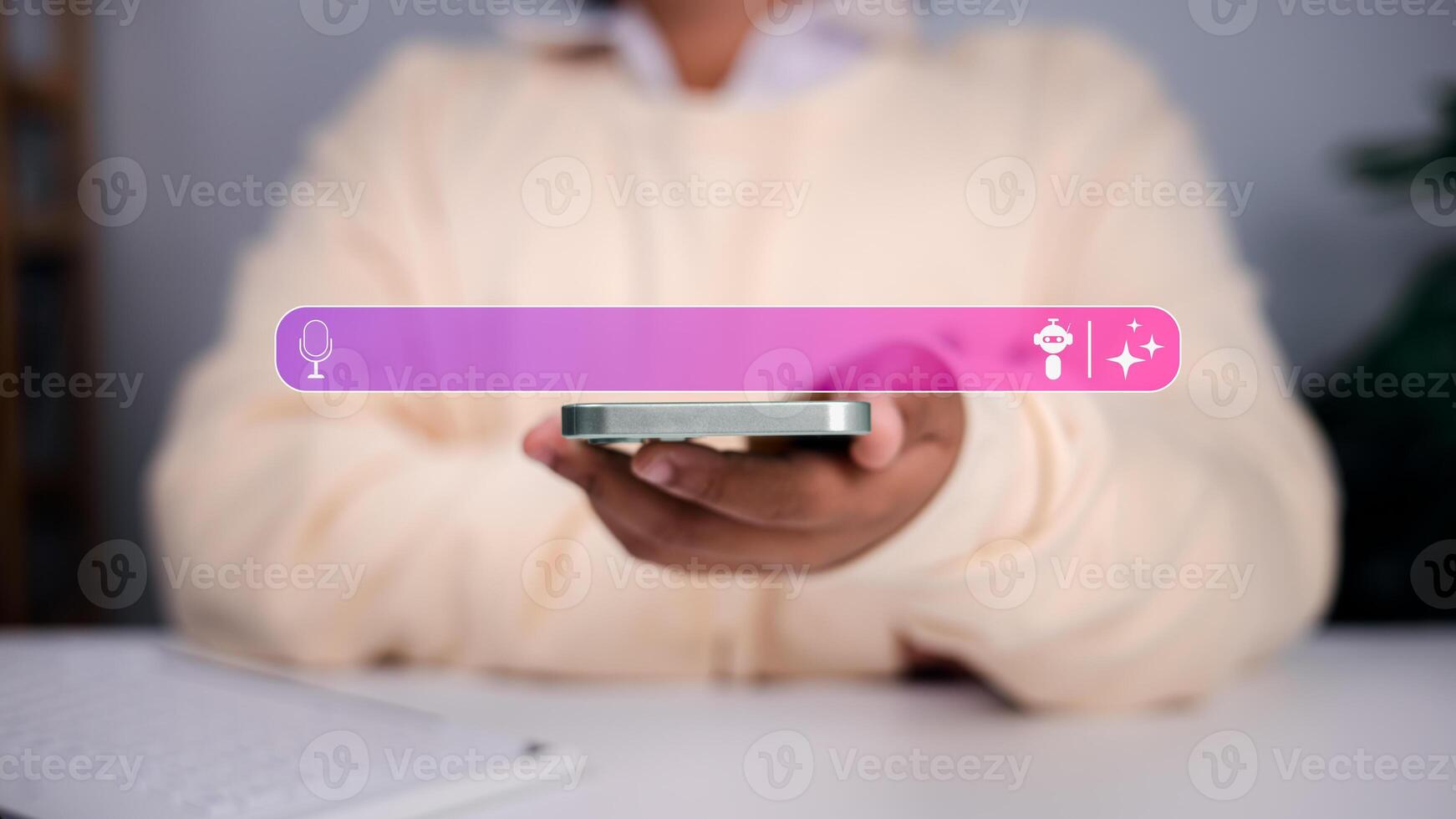 Voice search, artificial intelligence, and new user interfaces. Images on futuristic tech and smart applications. Person holding a smartphone with a blank, glowing search bar and AI powered icons. photo