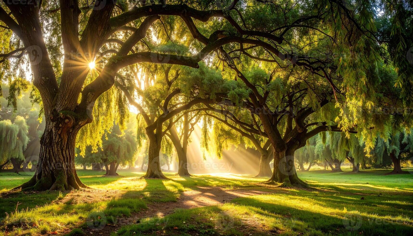 Sunlight streams through ancient trees in a serene parkland setting, illuminating the verdant grass with golden rays. photo