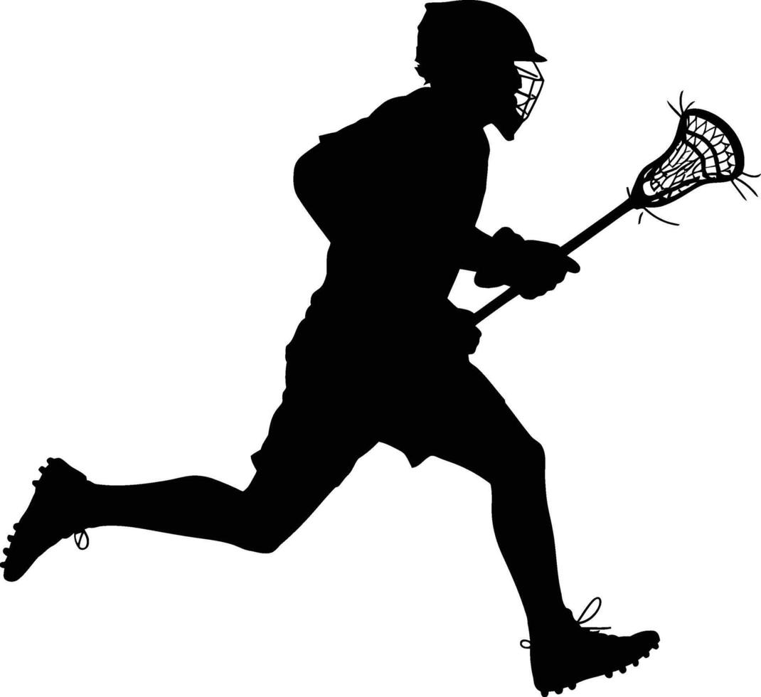 Dynamic lacrosse player running with stick in action silhouette vector