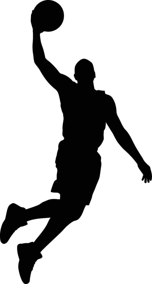 Dynamic silhouette of a basketball player soaring through the air for a slam dunk vector