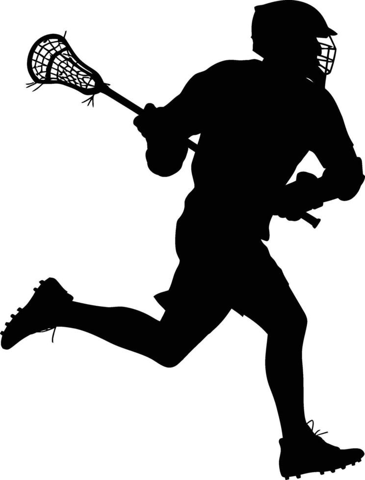 Dynamic silhouette of a lacrosse player running with stick ready for action vector
