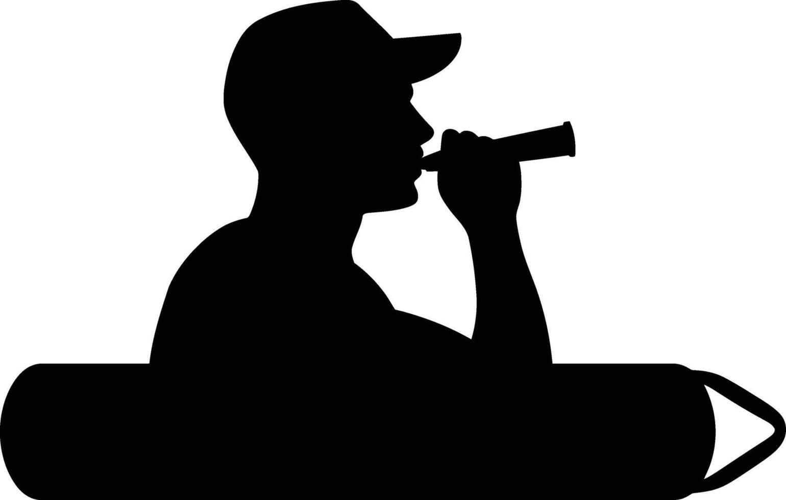 Man in baseball cap blowing whistle while sitting on a log silhouette vector