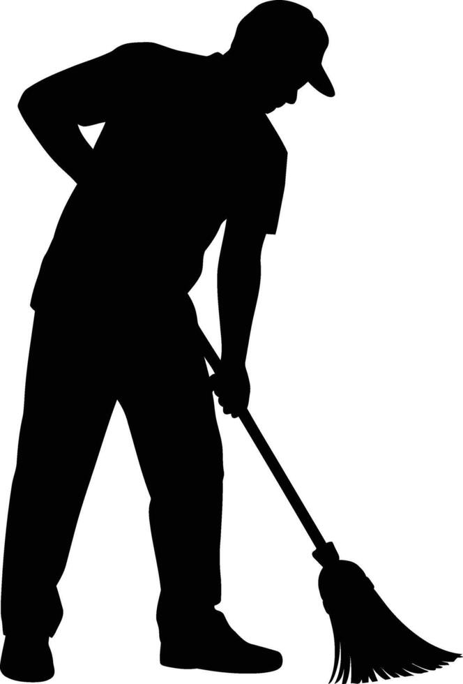 Man in cap sweeping floor with broom in a distinctive silhouette vector