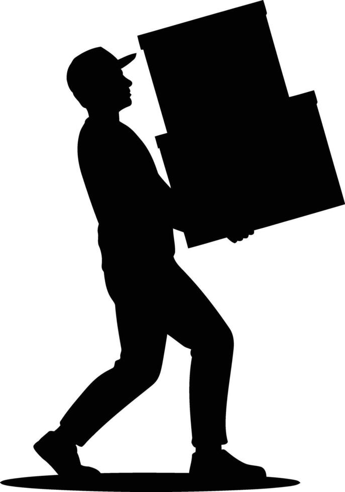 Man in silhouette carrying a stack of large boxes with effort vector