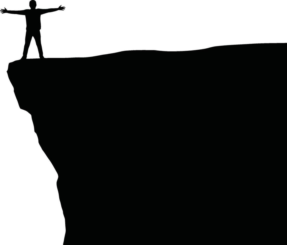 Man standing on edge of cliff with arms outstretched silhouette vector