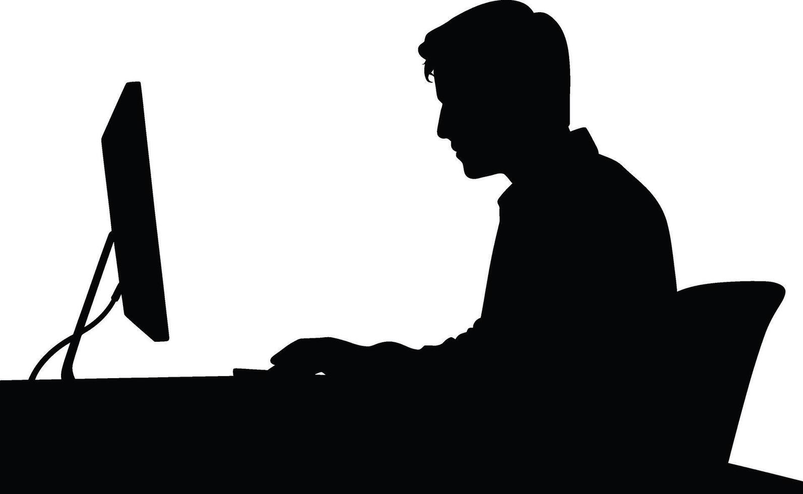 Man working on computer in office at desk with monitor silhouette vector
