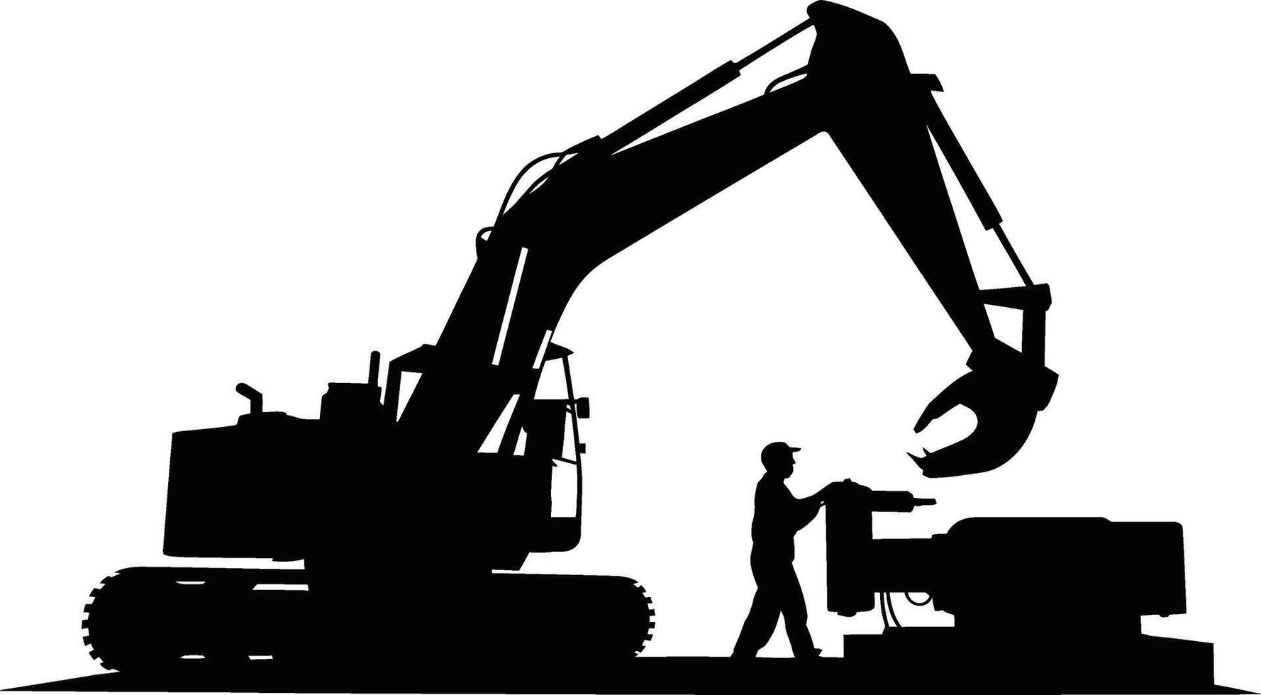 Powerful excavator machine working with a worker in a stark silhouette vector