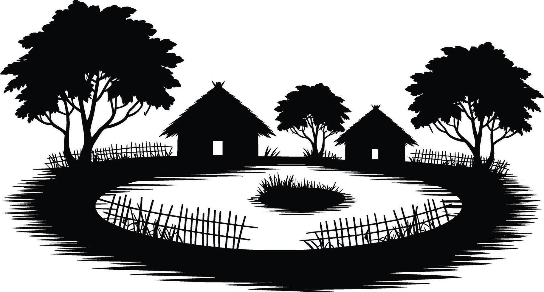 Rustic village scene with trees and houses in a distinctive silhouette vector