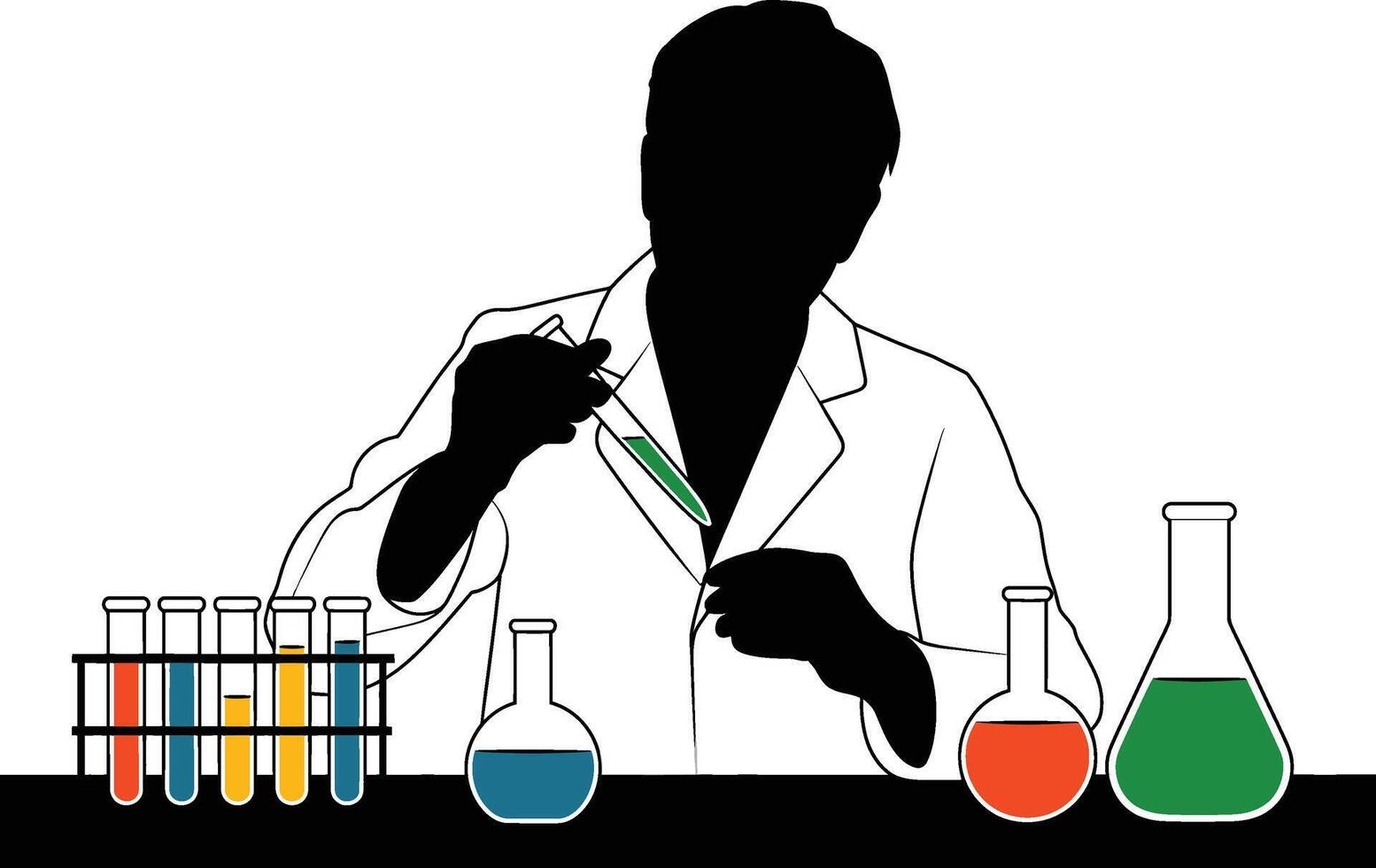 Scientist in a lab coat conducting an experiment with test tubes and flasks silhouette vector