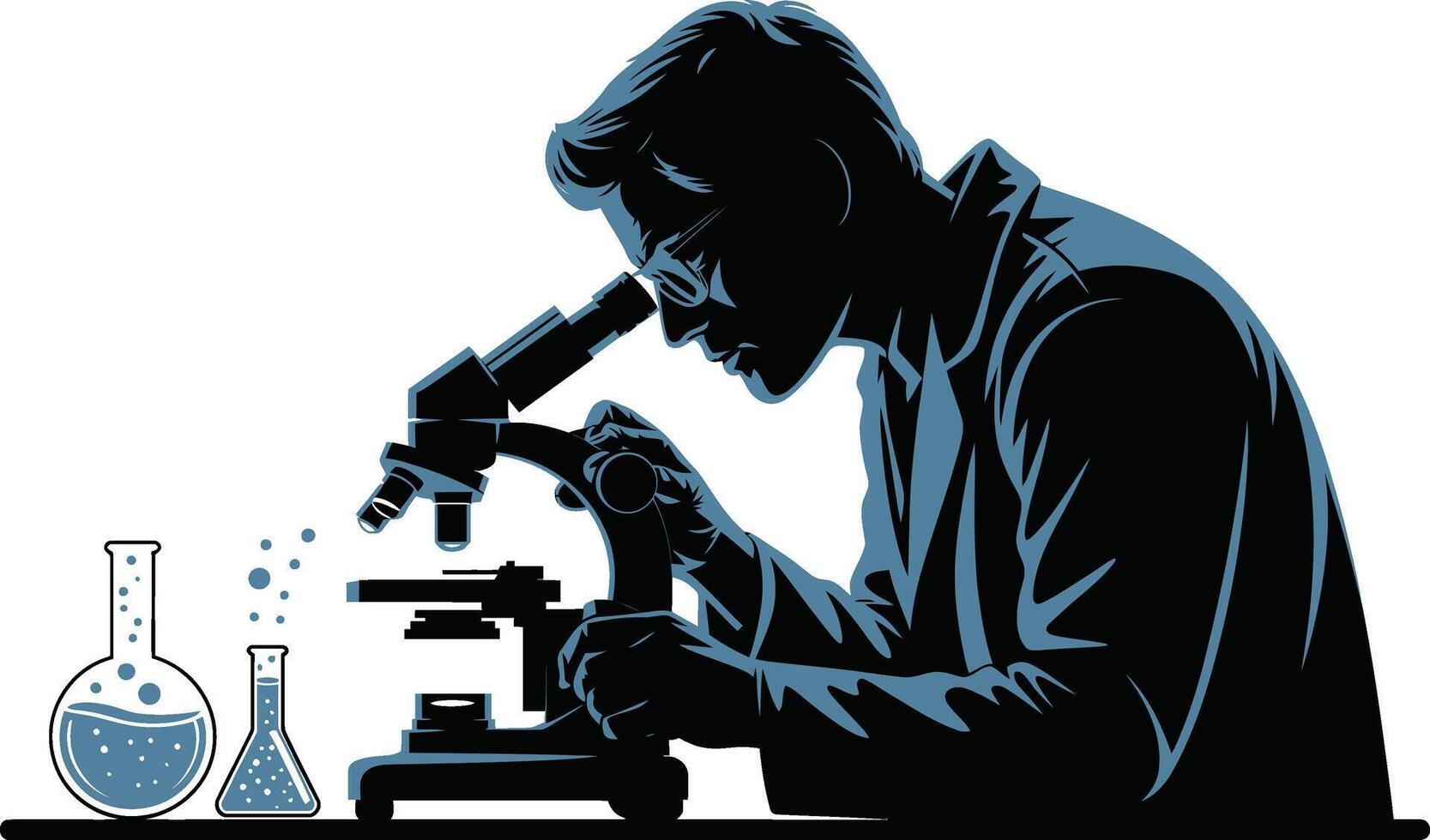 Scientist focused on microscope with laboratory flasks in silhouette vector