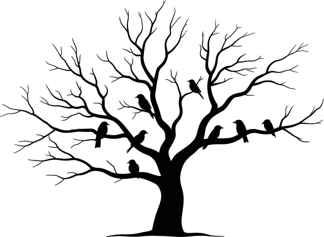 Spooky bare tree with crows perched on branches silhouette vector
