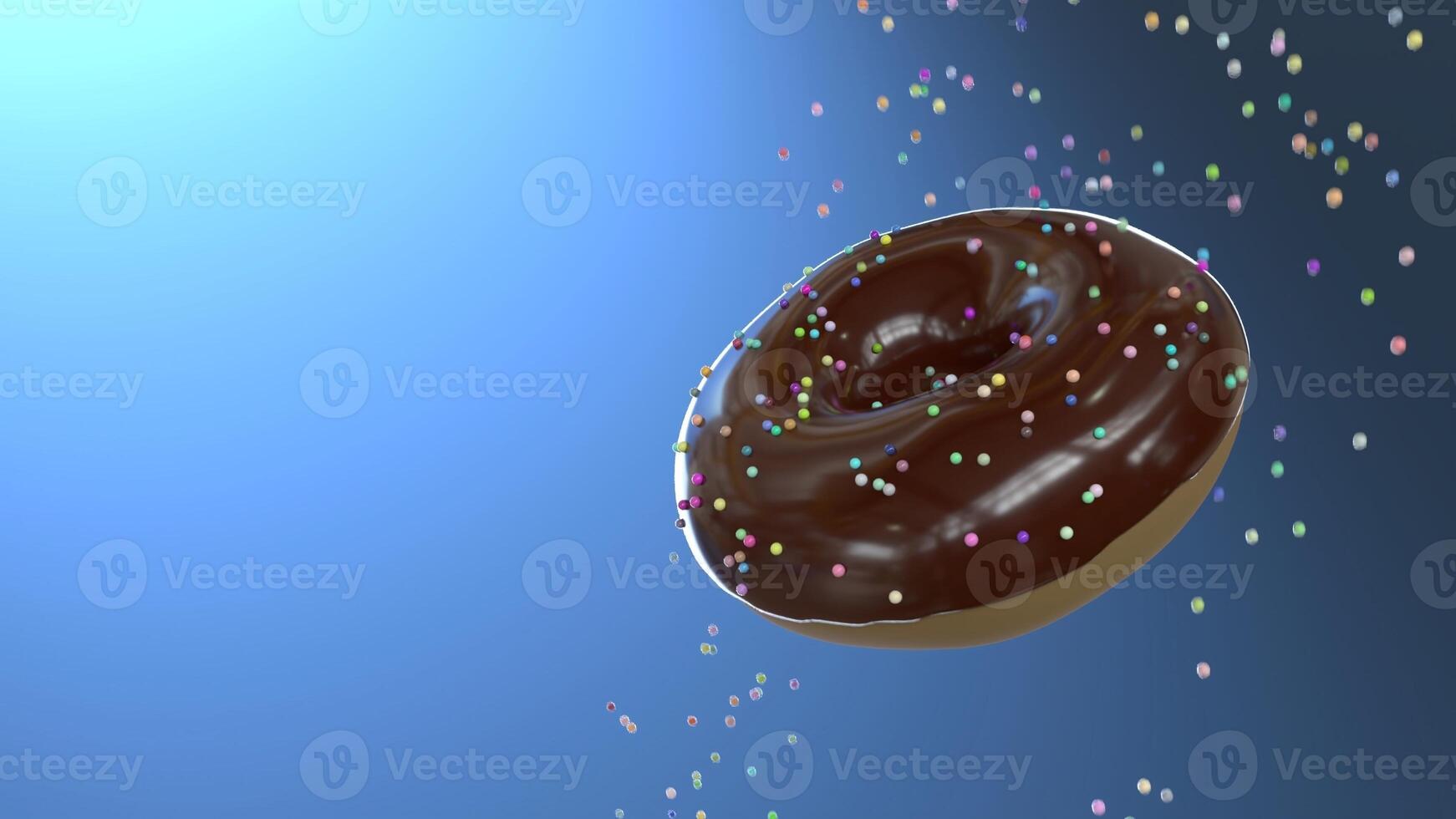 Glazed chocolate donut with colorful sprinkles, floating on a gradient blue background, vibrant sprinkles falling through the air and ample copy space on the left for text. photo