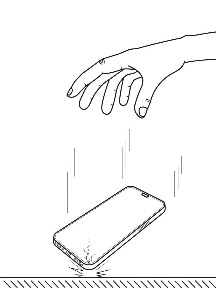 Mobile phone crash test and drop-testing. cell phones. Falling the smartphone from a height. The gadget fallen on the floor. Examination of the phone for damage. vector