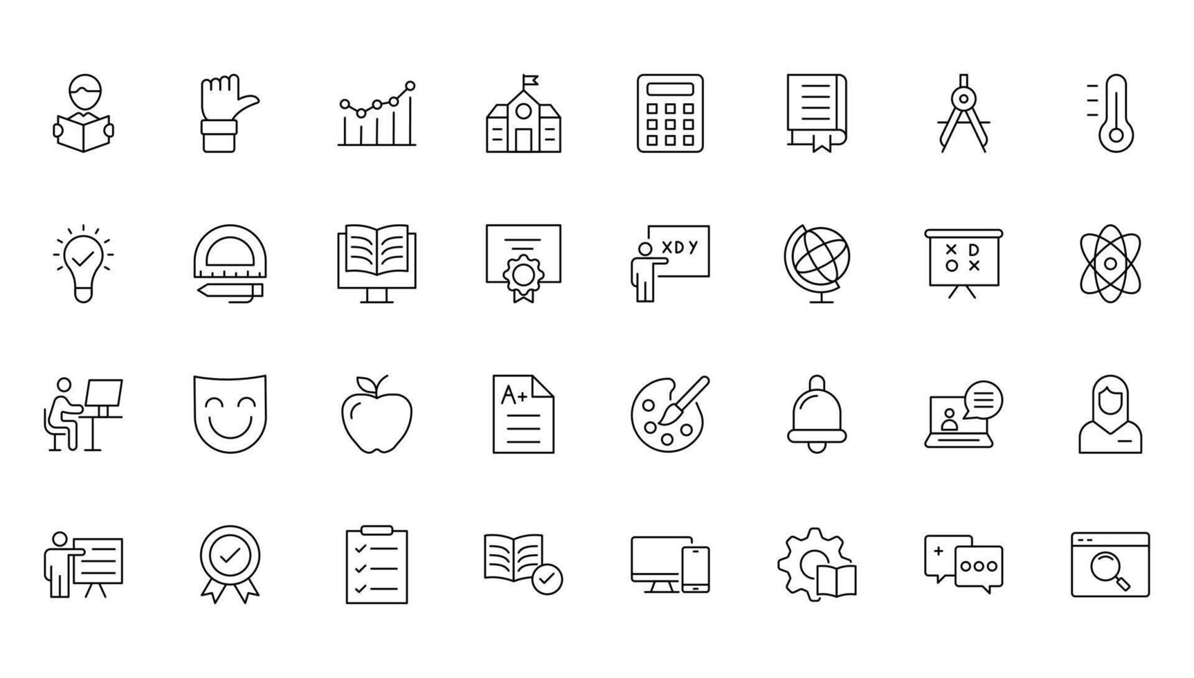 Education modern line icons set. Big UI icon set in a flat design. Thin outline icons pack. Thin line icons set of academic subjects and education. Outline symbol collection. vector