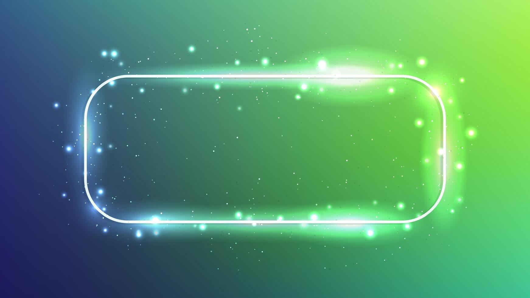 Neon rounded rectangle frame with shining effects and sparkles on dark green background. Empty glowing techno backdrop. illustration vector