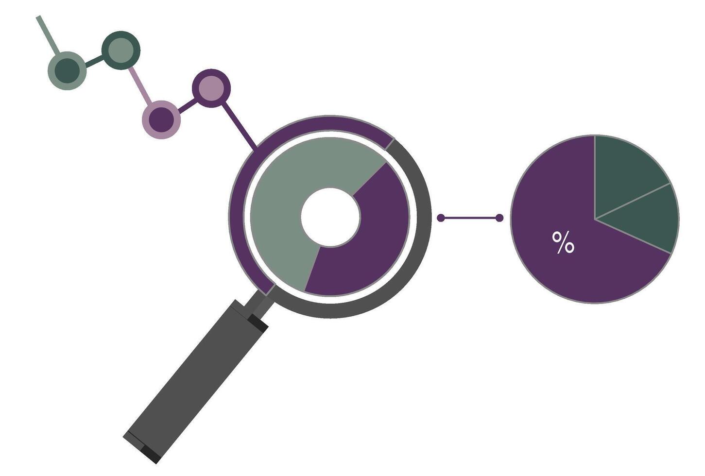 Magnifying glass analysing data points, showing a chart inside it, and links with a chart as the outcome. Concept for analysis, insights, business intelligence, and data-driven results. vector