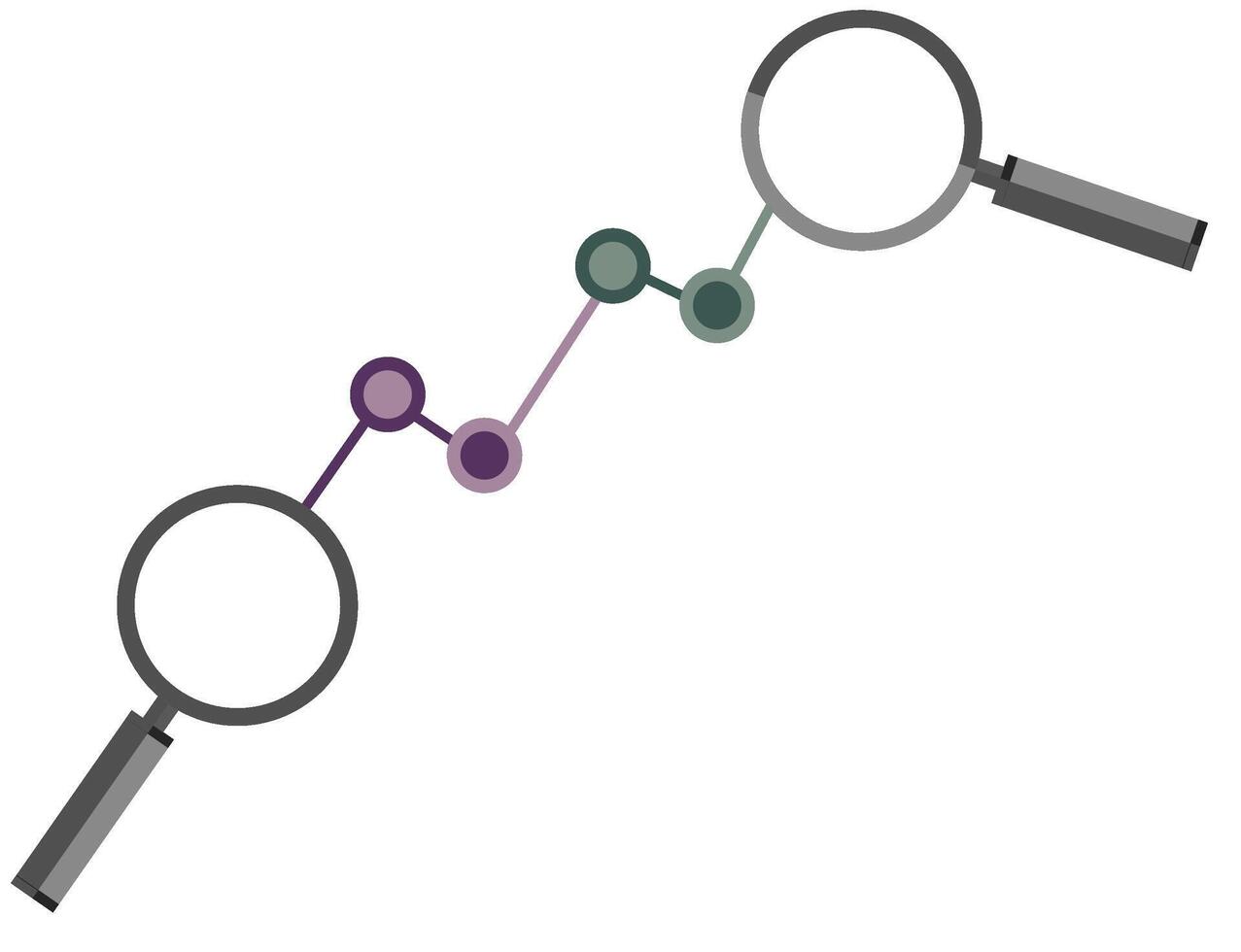 Magnifying glasses connecting dots. Can symbolize graph databases, graph analytics, relationship-driven insights. Modern flat design, abstract network concept for data science, AI, and technology. vector