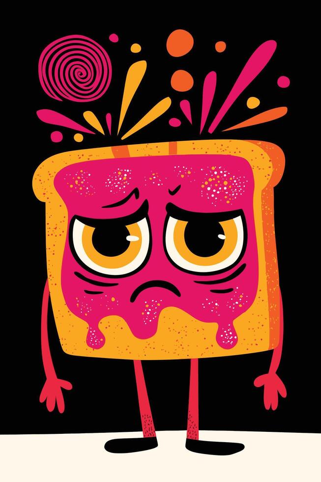 Colorful Cartoon Bread Character with Sad Expression and Playful Design Elements vector