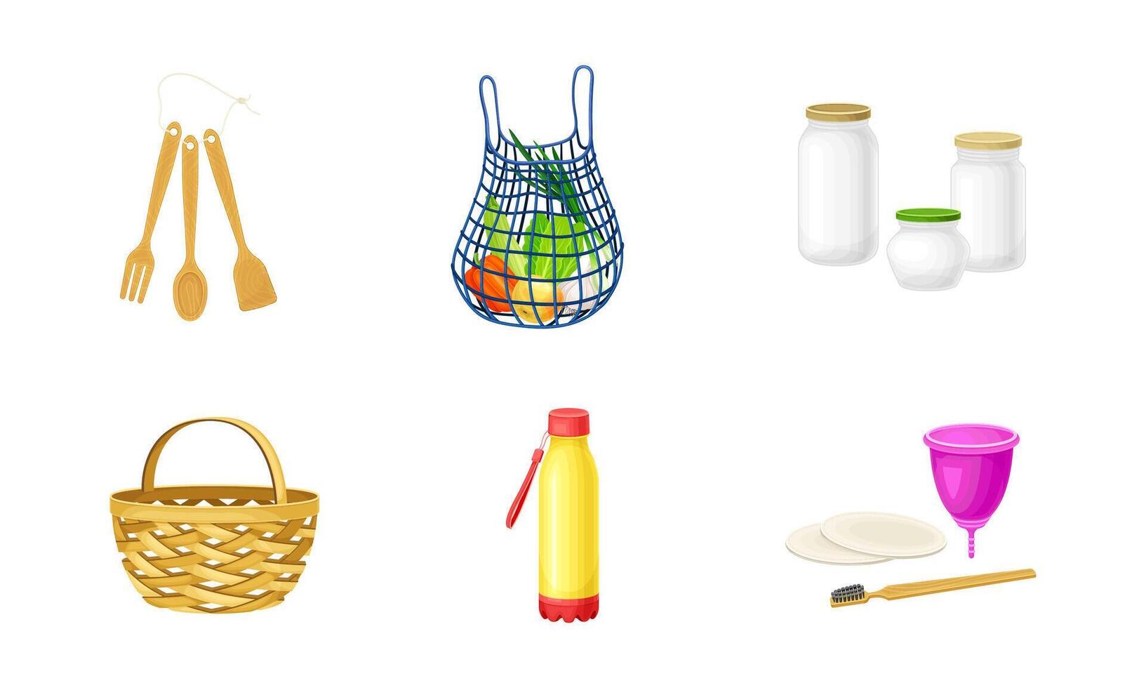 Zero Waste with Mesh Shopping Bag and Wooden Utensils as Everyday Reused Object Set vector