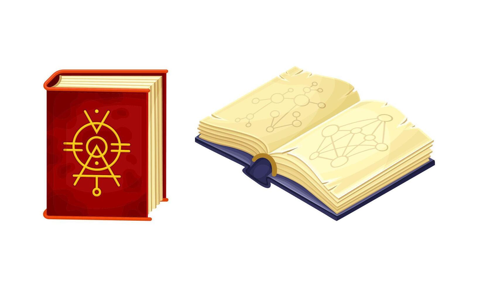 Ancient books with magic spells. Witchcraft objects set cartoon illustration vector
