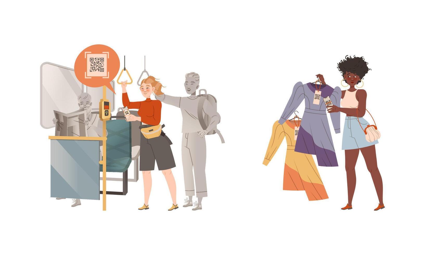 People paying by app on smartphone set. Woman using contactless mobile payment system at bus, girl scanning QR code at price tag at store illustration vector