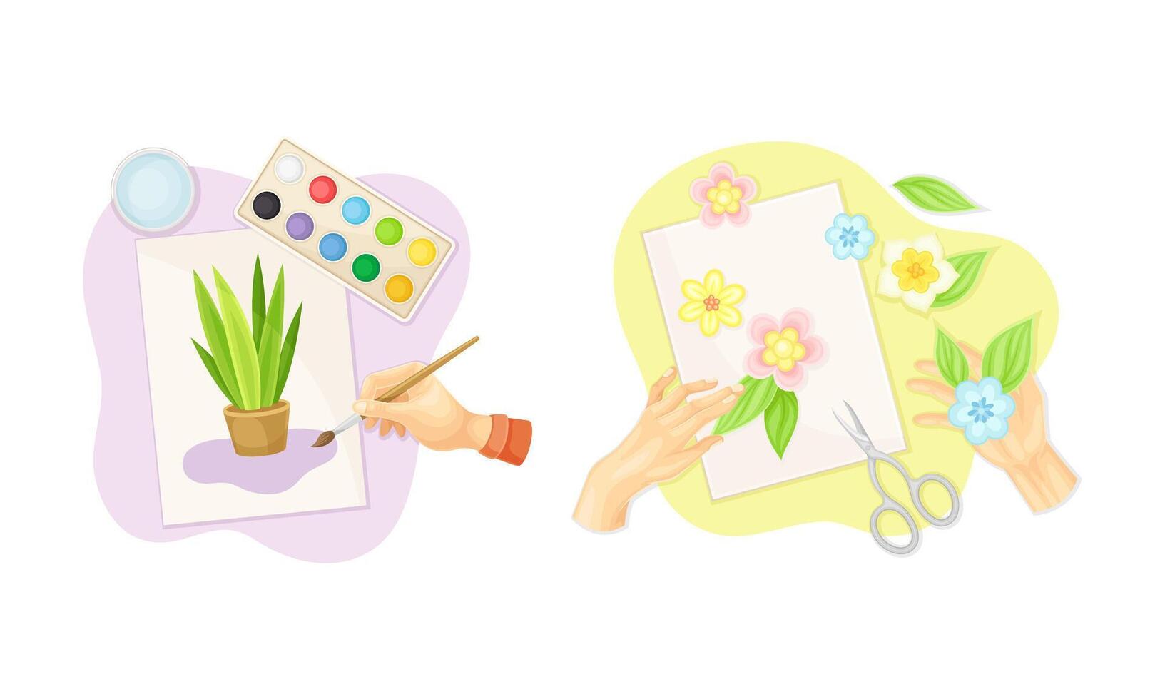 Top view of hands creating crafts set. Hands creating picture with paints and making applique illustration vector