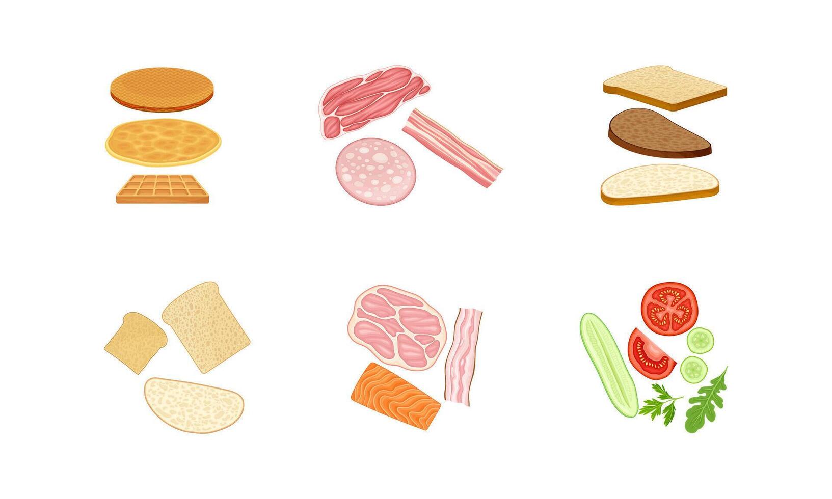 Breakfast constructor set. Slices of bread, ham, bacon, cucumber and tomato, waffle and bun food illustration vector