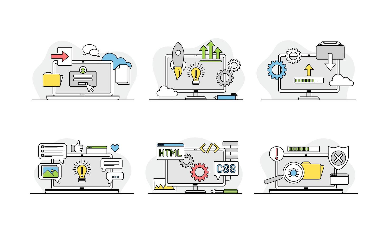 Laptop customization and repair set. Computer maintenance service, security, technical support concept illustration vector