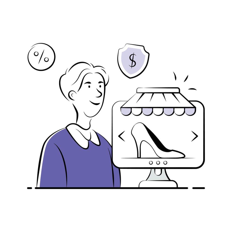 Creatively designed illustration of customer browsing ecommerce platform products. vector