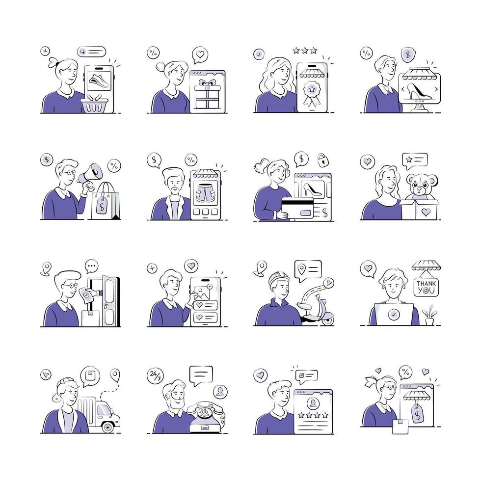 Hand drawn illustrations set of ecommerce shopping scenarios, from browsing and purchasing to delivery and customer service. vector