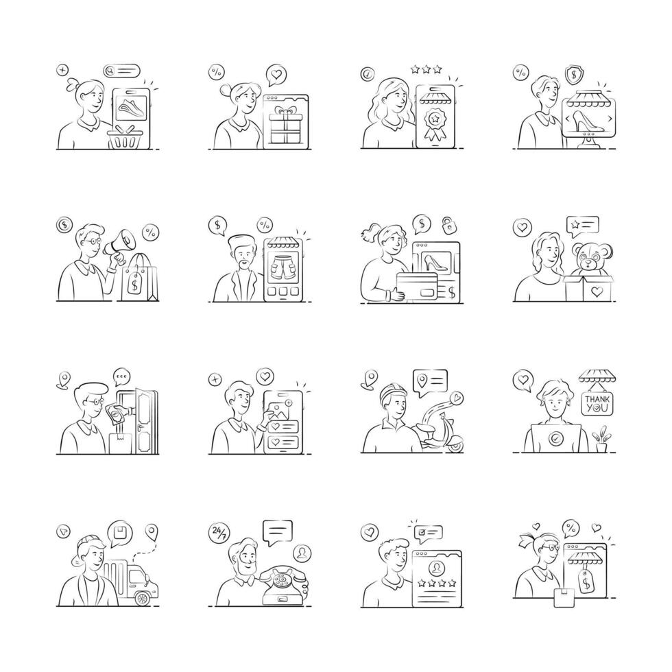 Hand drawn illustrations set of ecommerce shopping scenarios, from browsing and purchasing to delivery and customer service vector