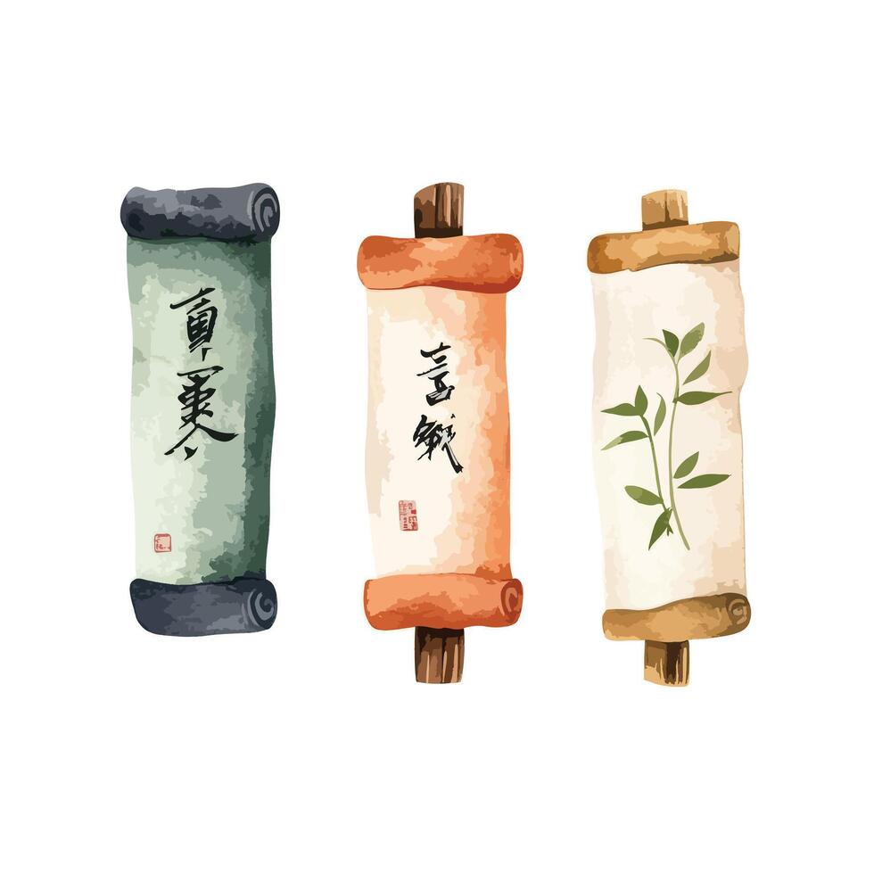 Three Rolled Scrolls with Calligraphy and Bamboo Watercolor Style Illustration vector
