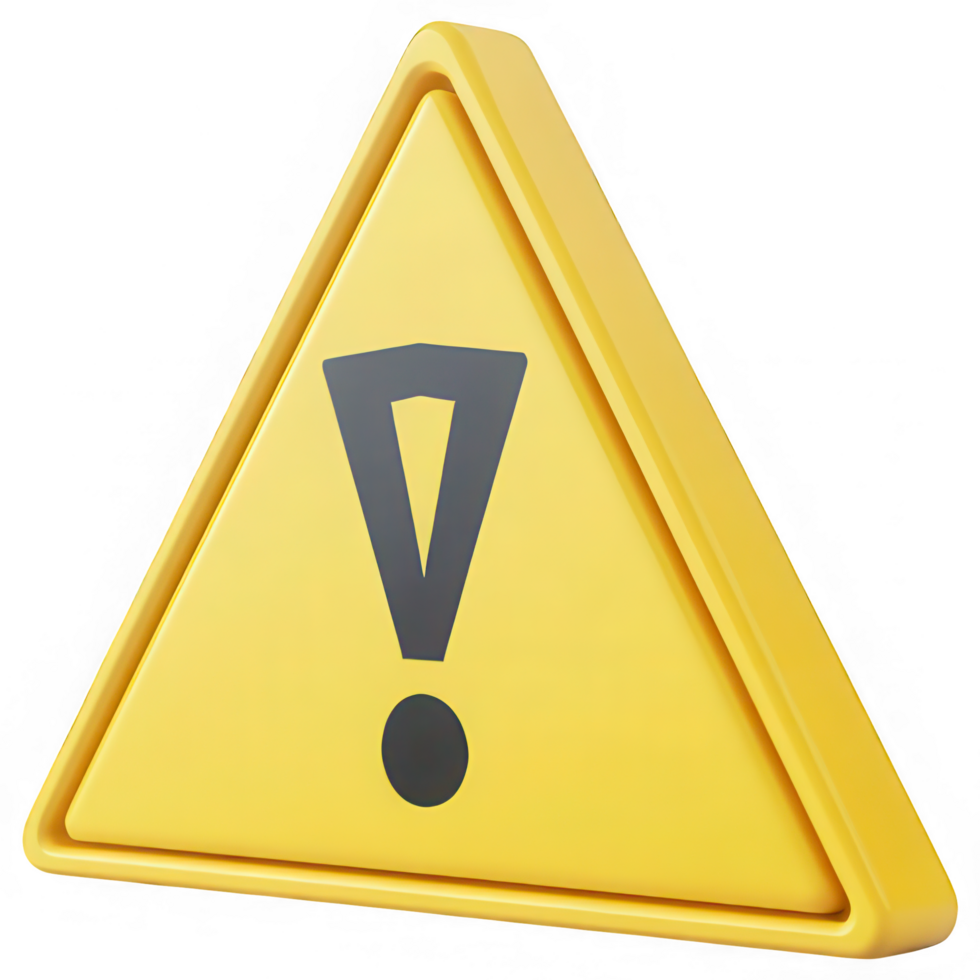 Yellow 3D warning triangle with a gray exclamation mark on a transparent background object png