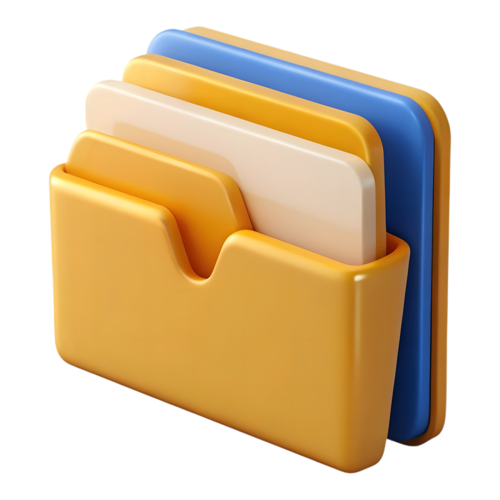 Vibrant 3D Render of a Yellow File Folder with Documents, Illustrating Digital Organization and Data Storage for Efficient Workflow png
