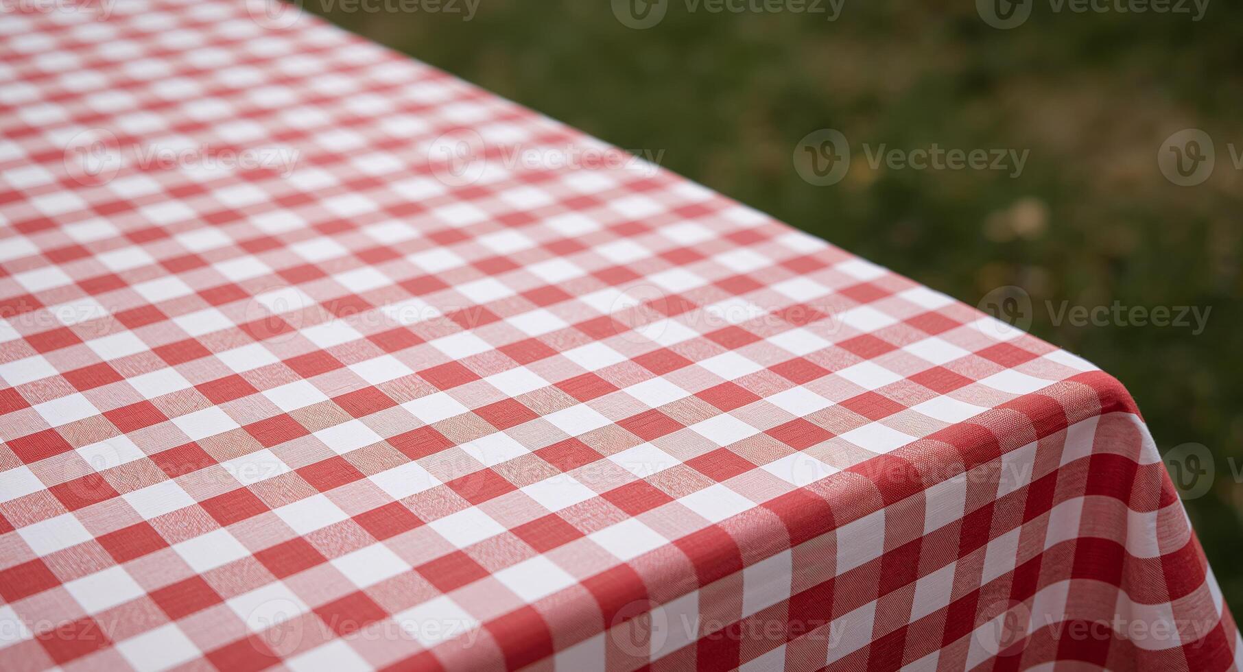 Red and White Checkered Pattern A Cloth Surface with Squares and Blurred Background. photo