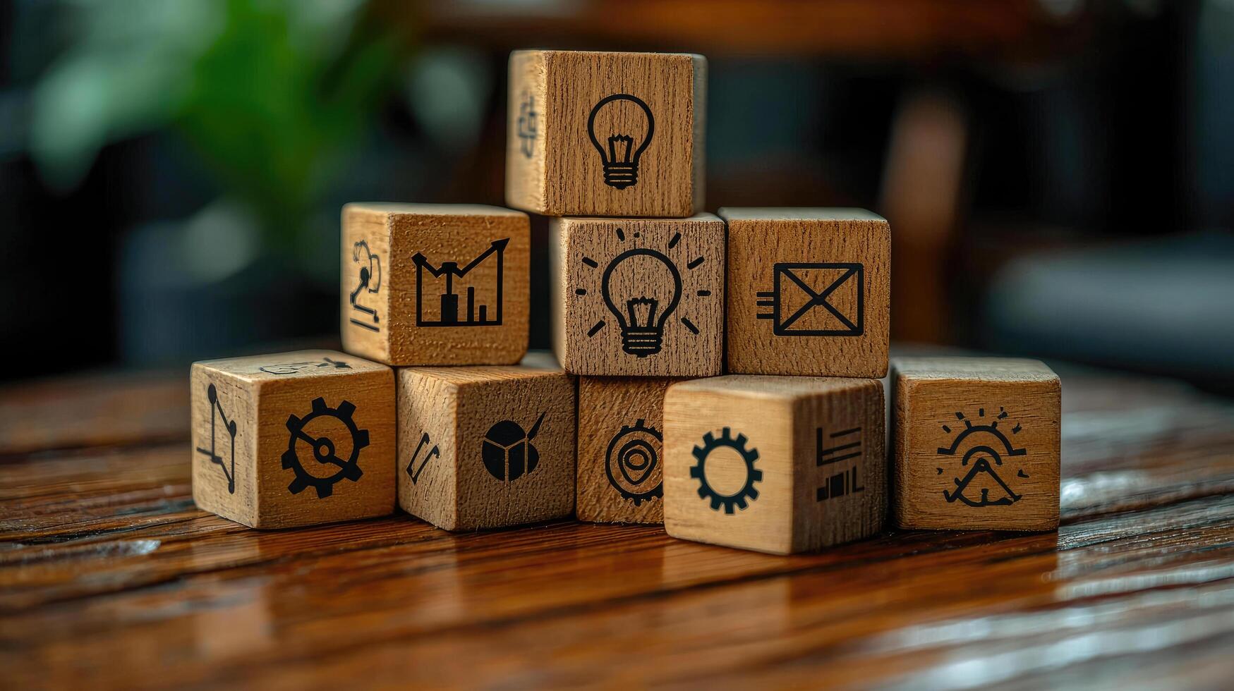 Stacked Wooden Blocks with Business Icons Innovation, Strategy, Communication, Data Analysis, and Teamwork on a Polished Wood Surface photo