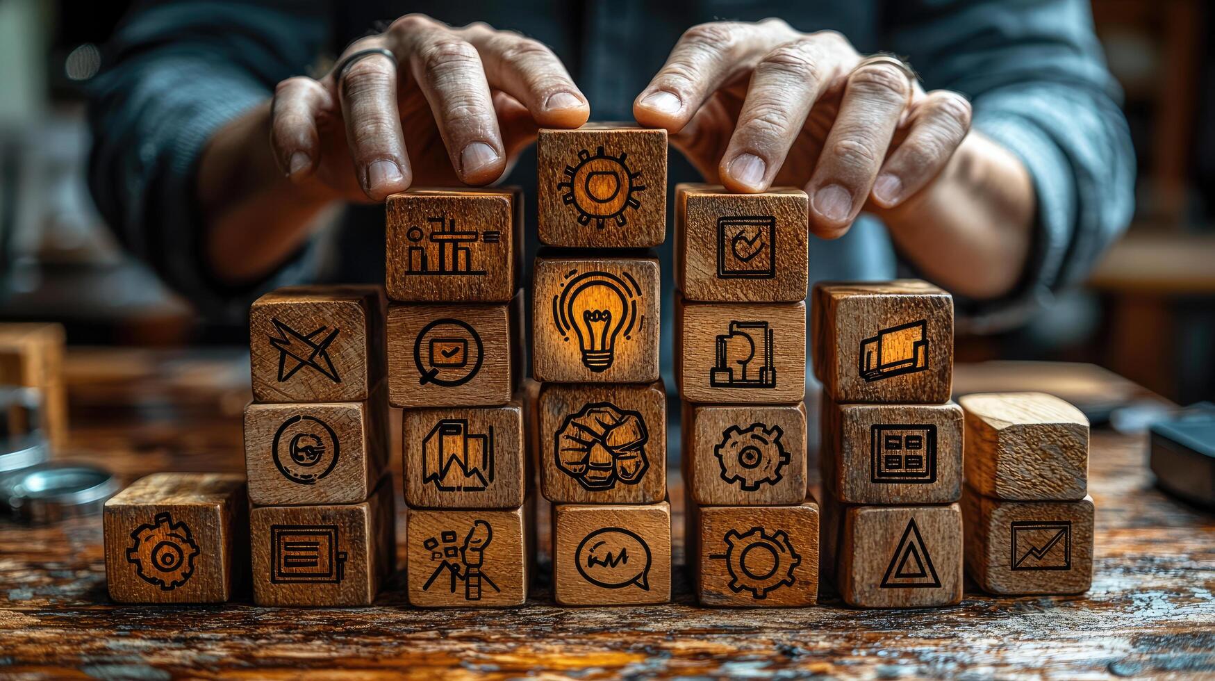 Stack of Wooden Blocks with Business Concept Icons Displayed by Man's Hands Idea, Strategy, and Problem Solving photo