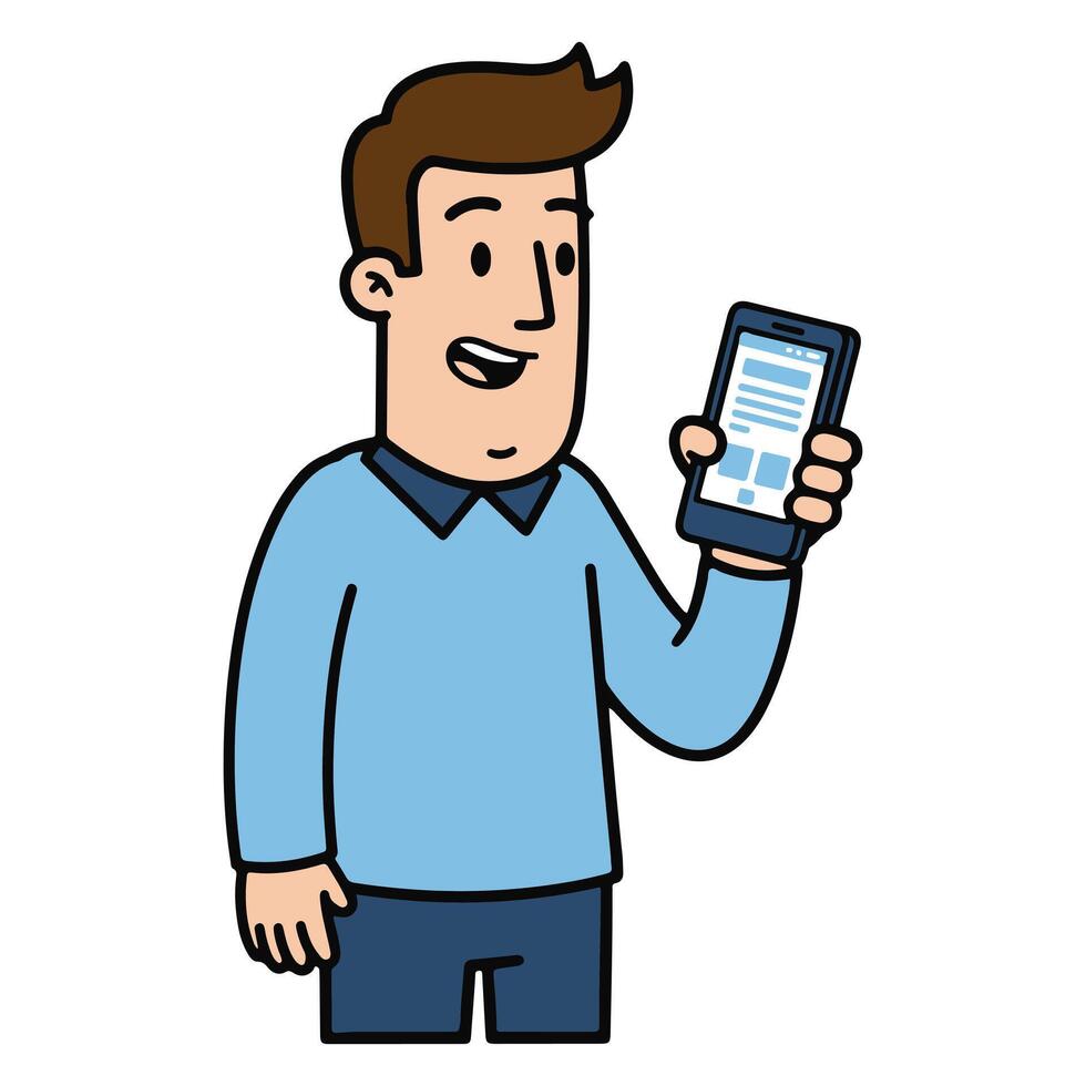 Cartoon illustration of a young man holding a smartphone and smiling. Displays a cheerful attitude and a connection with digital technology vector