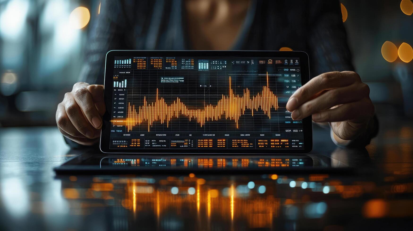Stock Market Analysis on Tablet Device Held by Trader, Investment Charts and Data Visualization Screen photo