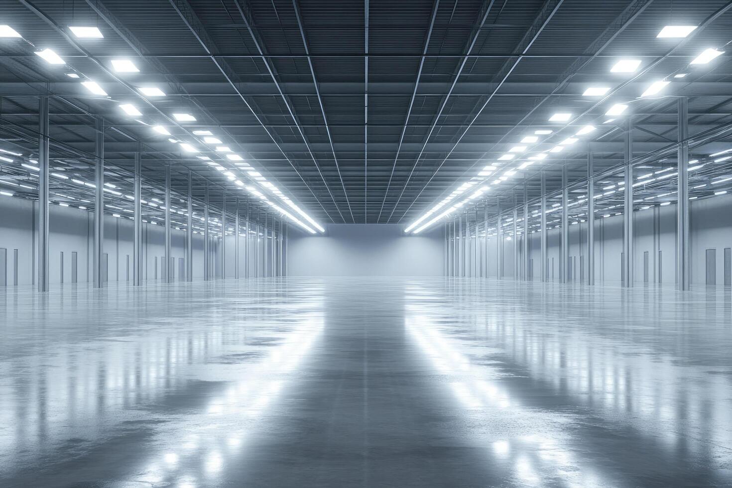 Vast empty hall illuminated by rows of lights reflects on the floor surface photo