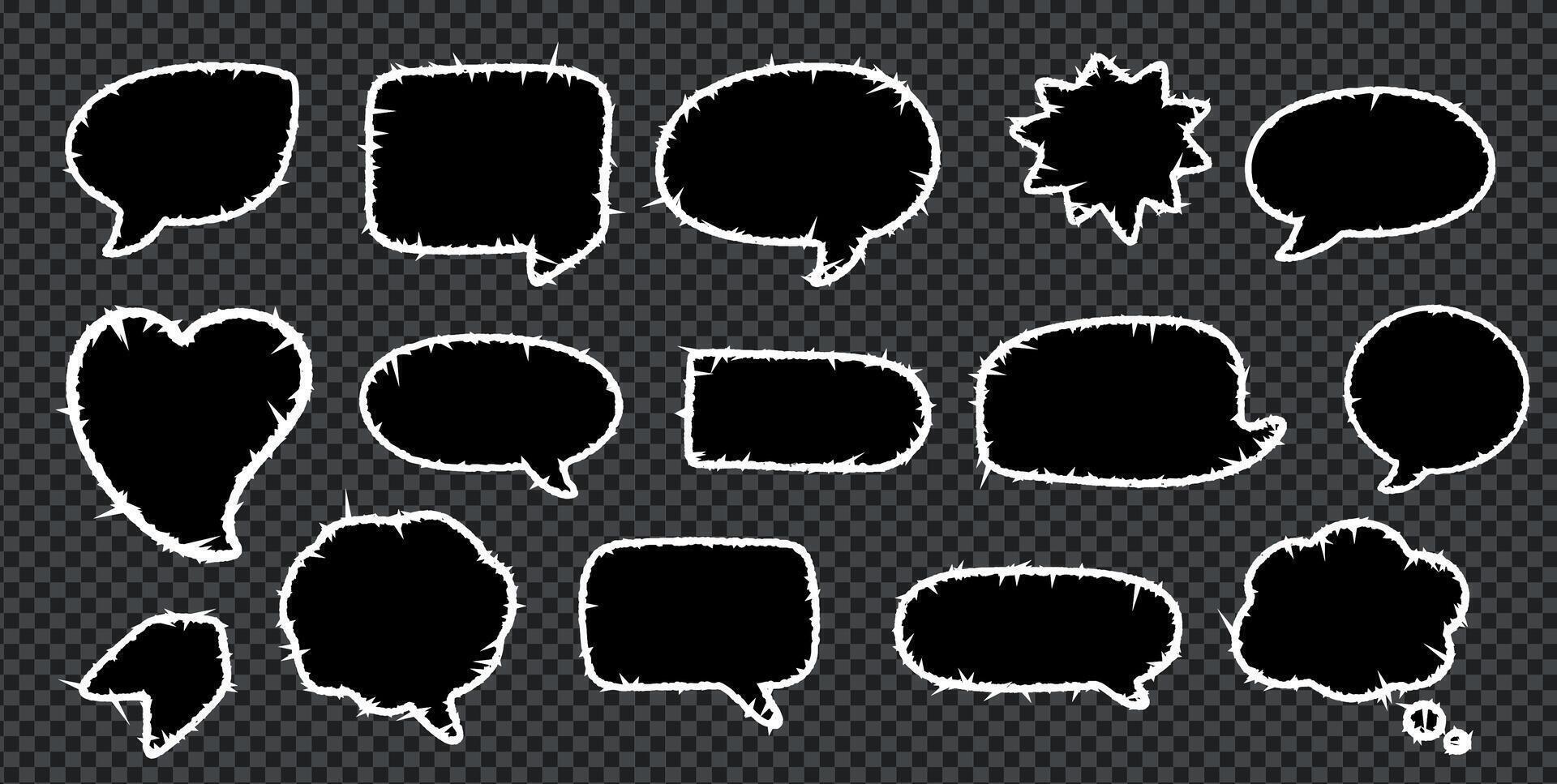 Crayon talk speech text chalk in a doodle frame box with rough edges. Crayon talk illustration of bubble shapes, a cloud sketch, a comic dialog label, and a graphic bg pattern. vector