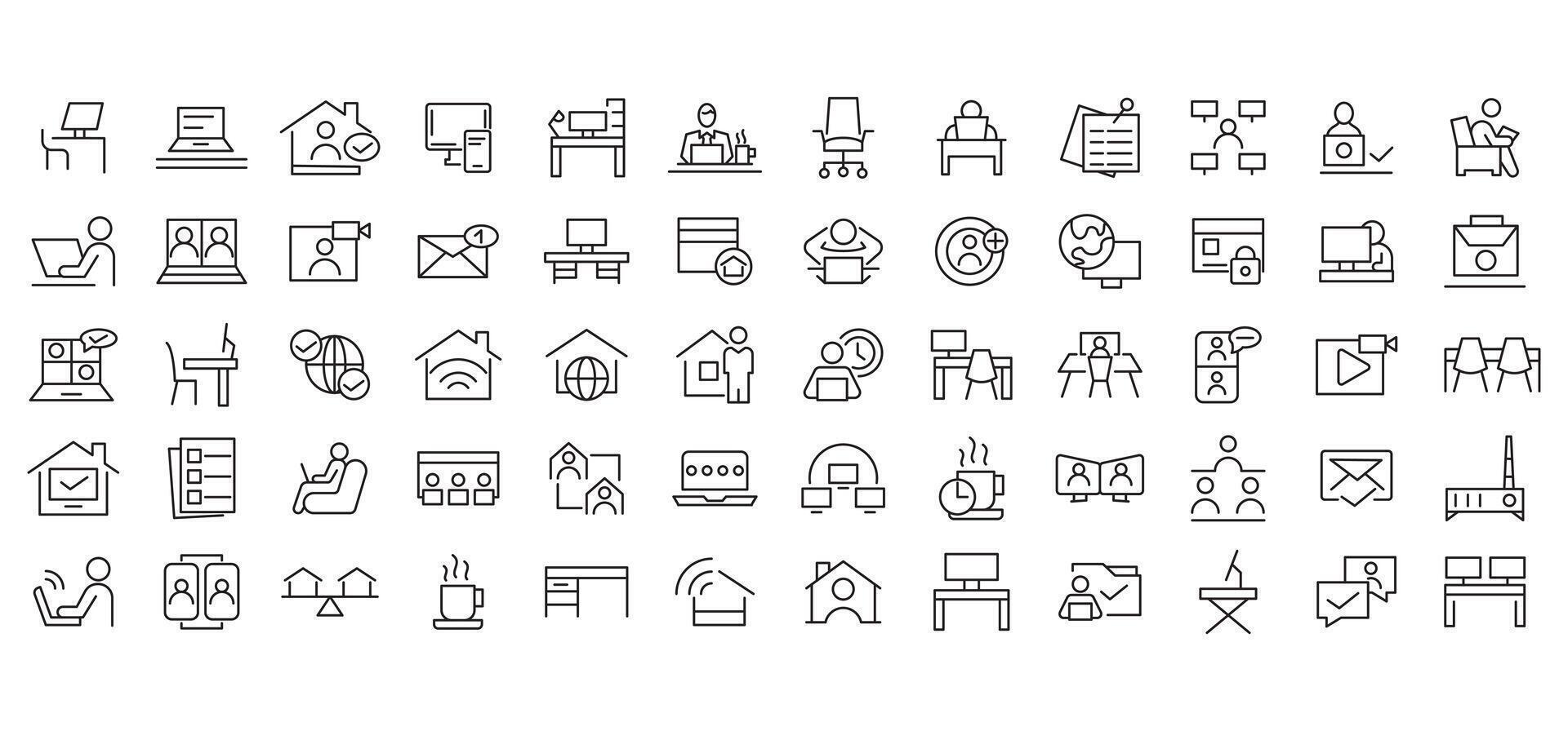 Work from home linear icon set. Contains such Icons as a freelancer, conference, hybrid work, digital nomad, and remote work outline icon pack vector