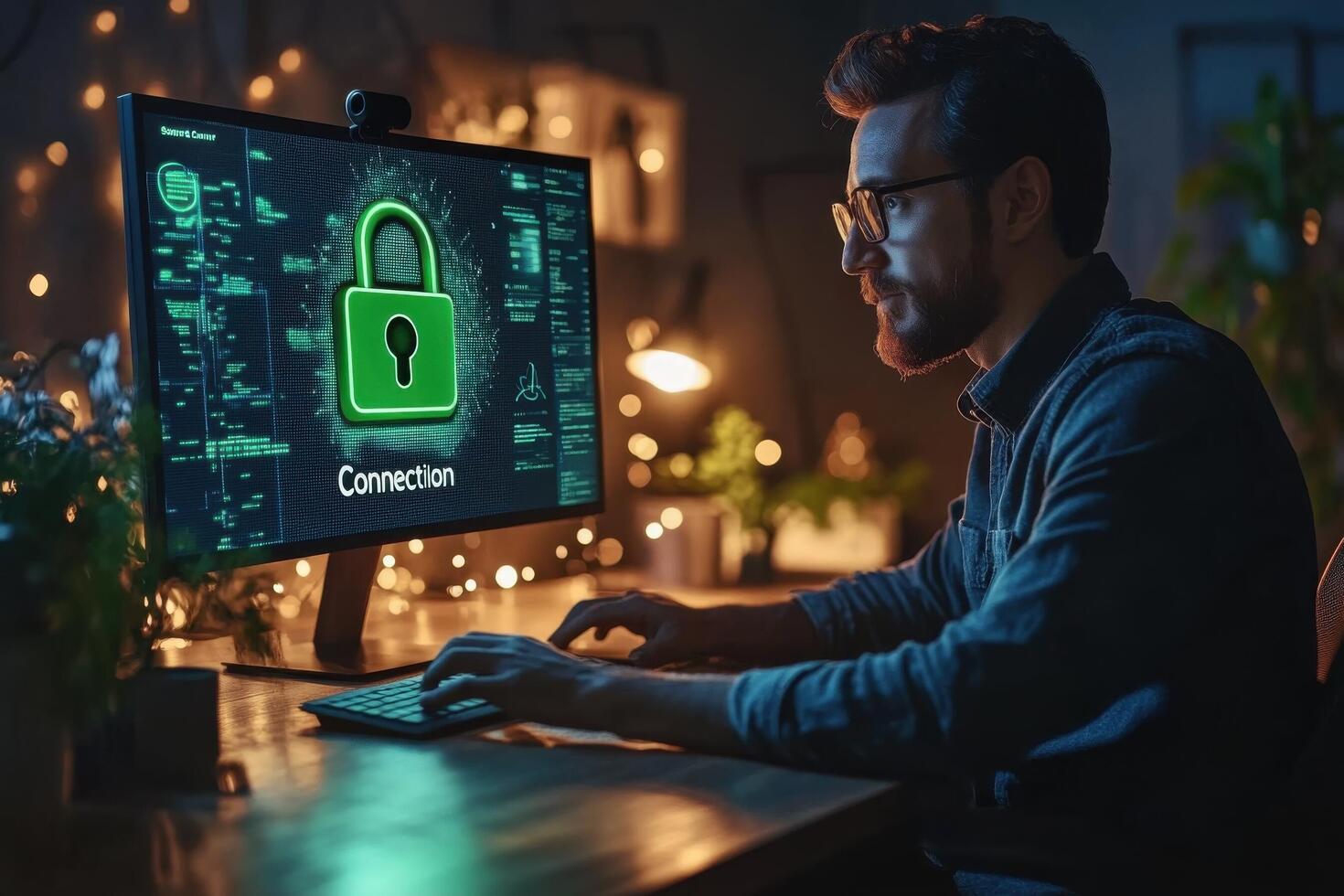 Man using computer with lock on screen photo