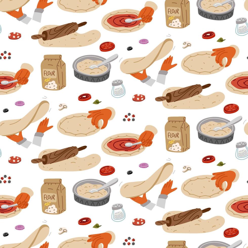 Pattern of pizza making ingredients and tools vector