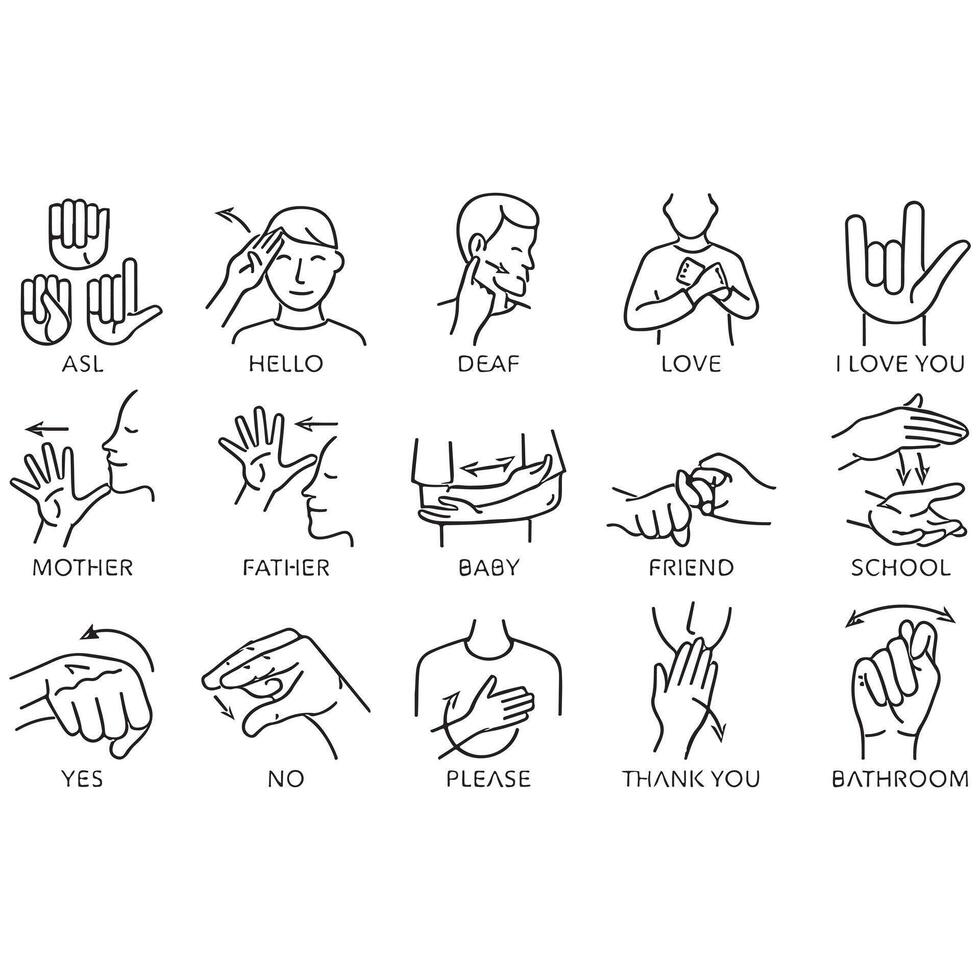 Visual Reference for Commonly Used American Sign Language Words and Phrases vector
