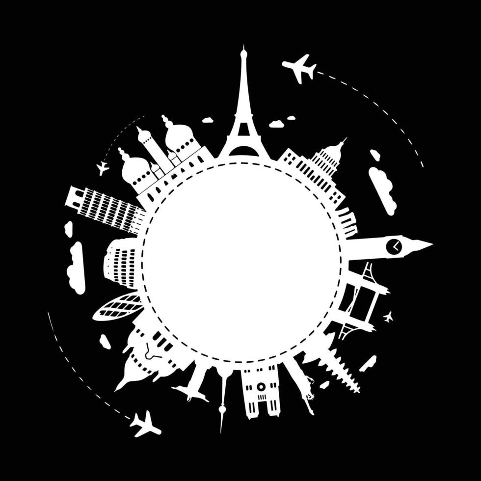 World Travel Landmarks Around the Globe with Airplanes and Famous Monuments Silhouette in Circular Design vector