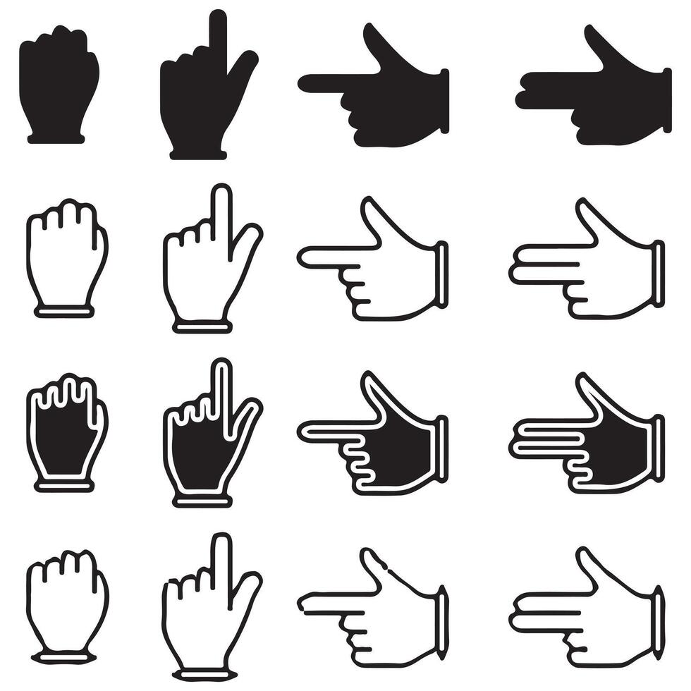 Collection of Hand Gesture Icons Representing Pointing Clicking and Fist Motions in Multiple Styles for Communication and Interface Design vector