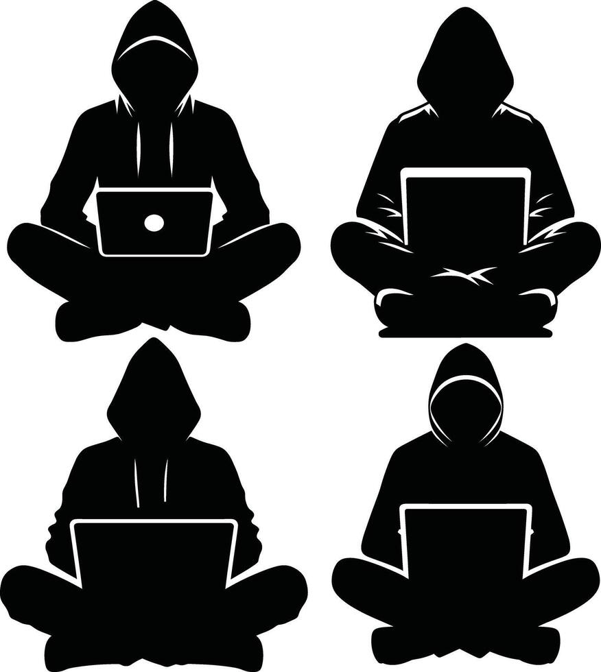 Silhouette of Hacker Sitting Cross-Legged with Laptop vector