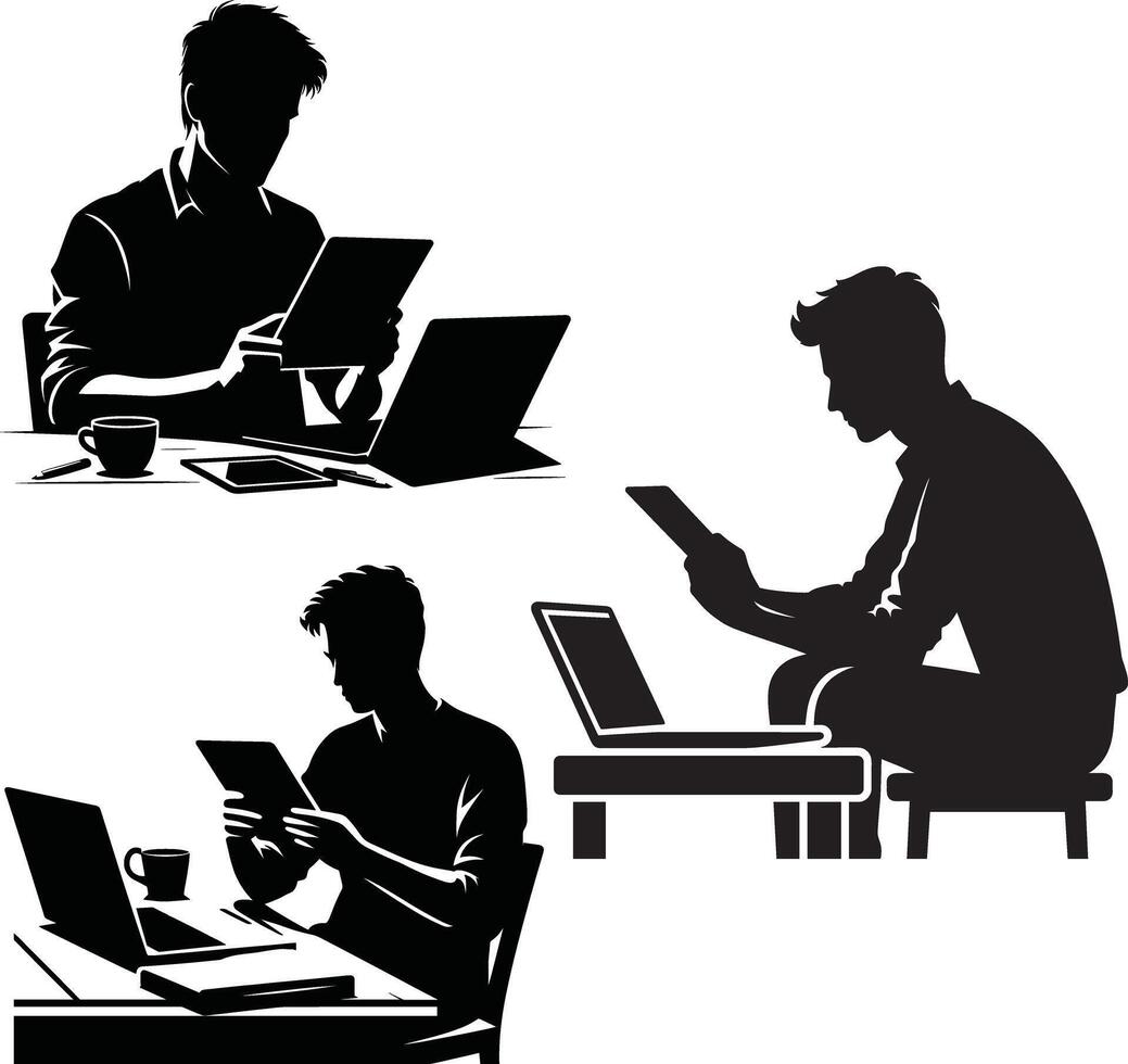 Man Working on Tablet with Laptop vector